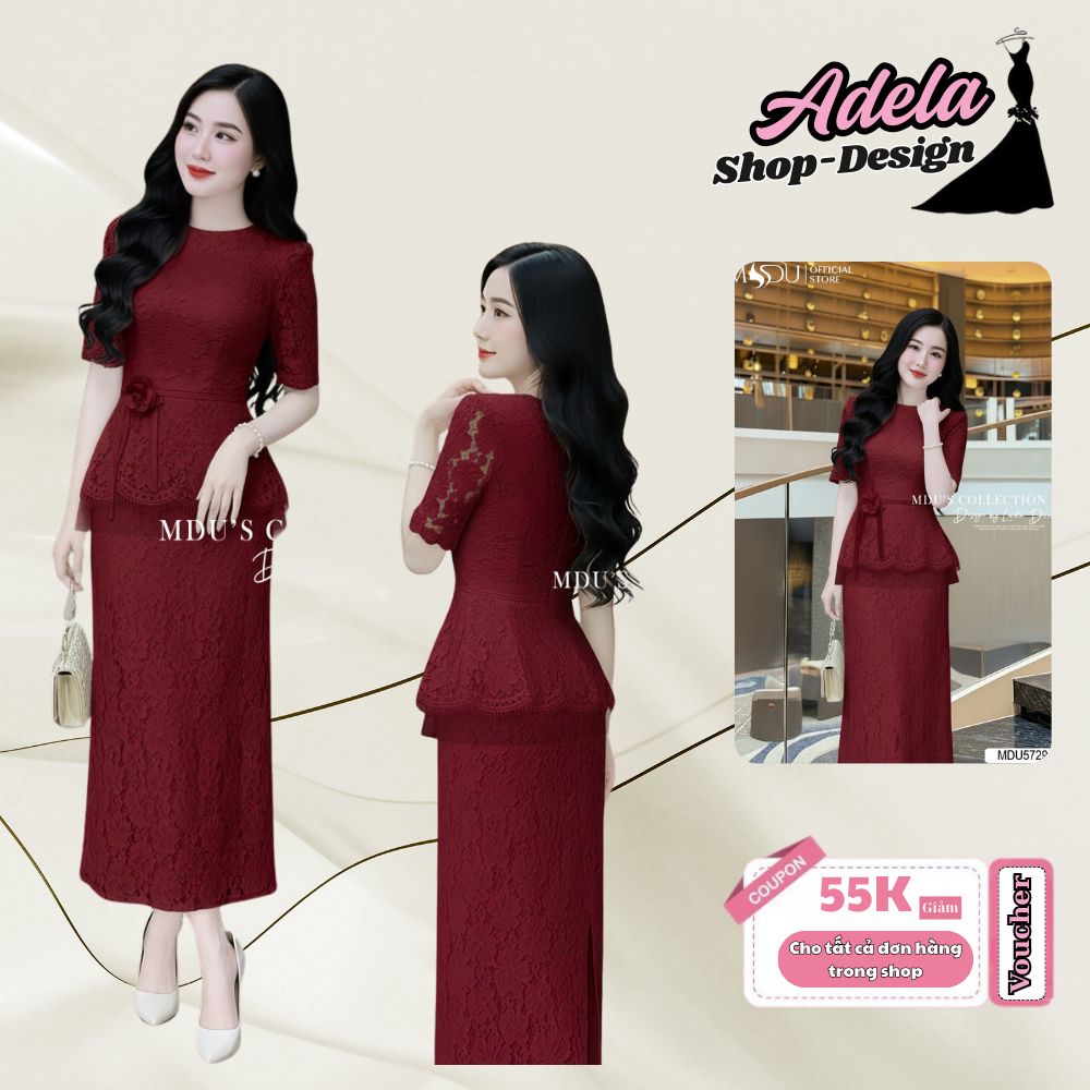 Váy Peplum Thiết Kế ADELA DESIGN Công Sở Cổ Tim Tay Ngắn, Chất Liệu Ren Nổi Cao Cấp Màu Đỏ Quyền Lực MDU5729