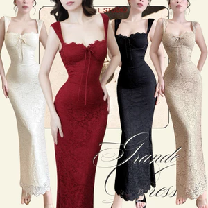 /𝙇.𝙎𝙩𝙪𝙙𝙞𝙤/ GRANDE - Đầm Ren dài cổ vuông SẴN MUSH ngực viền ren sang trọng, co giãn ôm fit tôn dáng