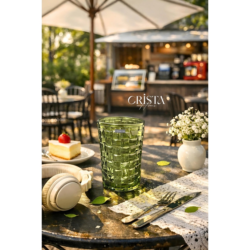 Bộ 6 Cốc Thủy Tinh Vân Caro Xanh Olive Crista Home 350ml Cao Cấp