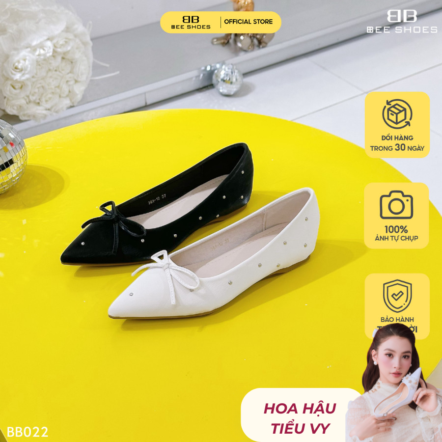 Giày búp bê nữ BEESHOES đính nơ mũi nhọn đế bệt cao 1 phân sẵn màu kem - đen BB022