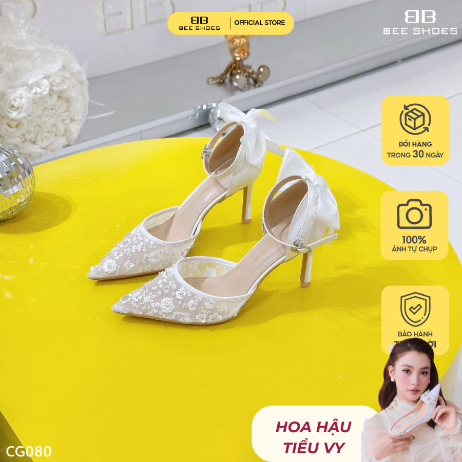 Giày cao gót nữ BEESHOES ren đính nơ mũi nhọn gót nhọn cao 8 phân sẵn màu trắng CG080 (Form 1.5)