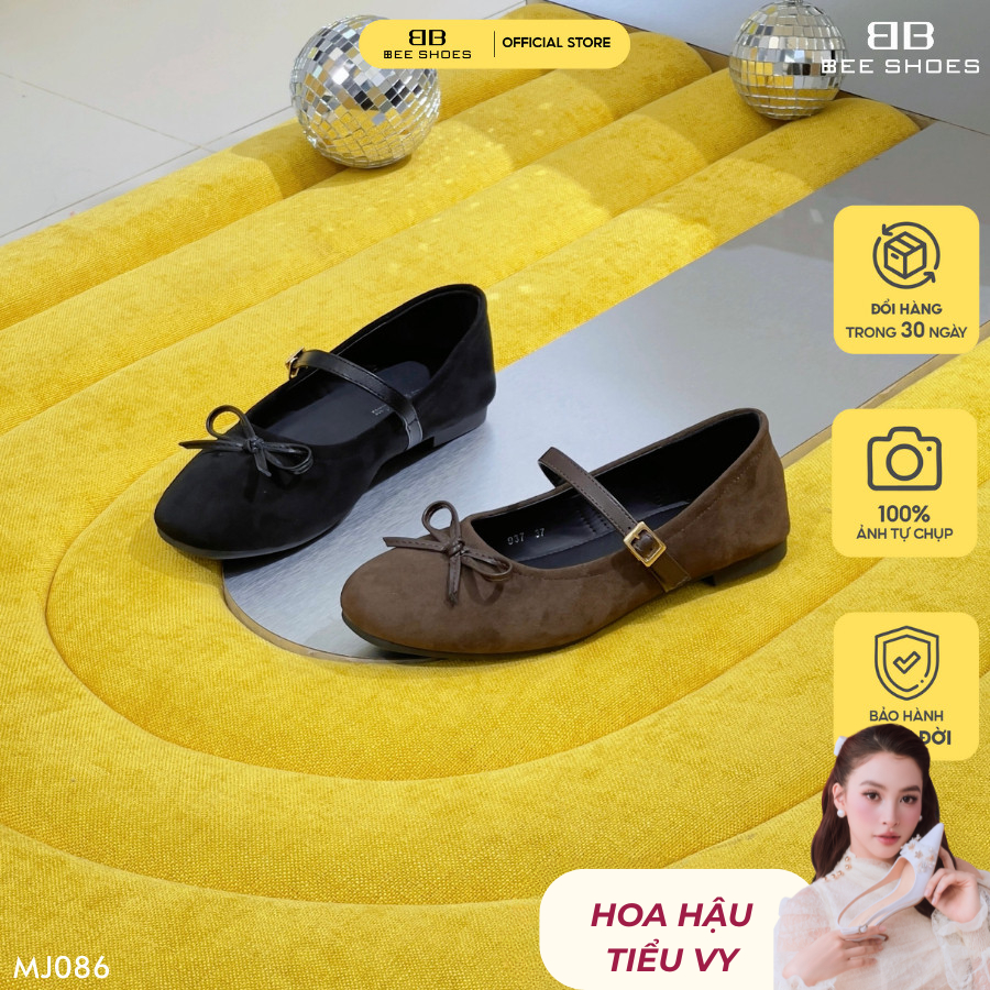 Giày mary jane nữ BEESHOES da lộn quai ngang mũi tròn đế thấp 2 phân sẵn màu đen - nâu MJ086