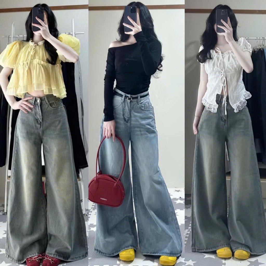 Quần Jeans Nữ Ống Suông Rộng 33-37cm  Cạp Cao Màu WASH NHẠT Chất Vải Jeans Mềm Quần Jean Nữ Dáng Suông