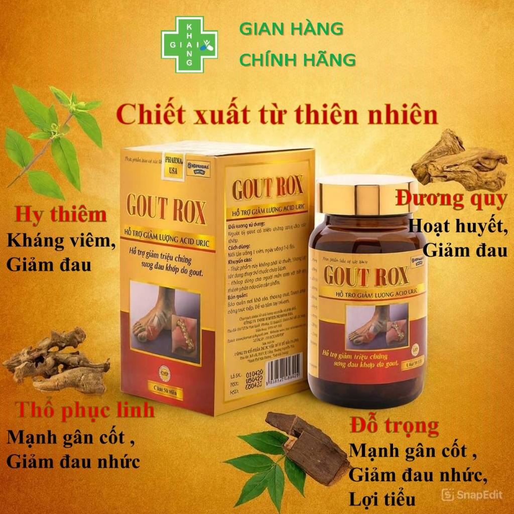 Viên uống Gout Rox hỗ trợ tăng thải Acid Uric và giảm đau nhức do Gout (Lọ 50 viên)