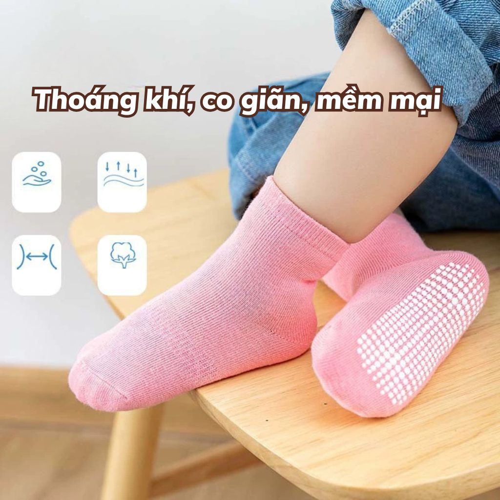 SET6 Đôi tất trẻ em chống trơn trượt đế silicon bám sàn họa tiết trơn & kẻ sọc xinh xắn LANIXA T4872