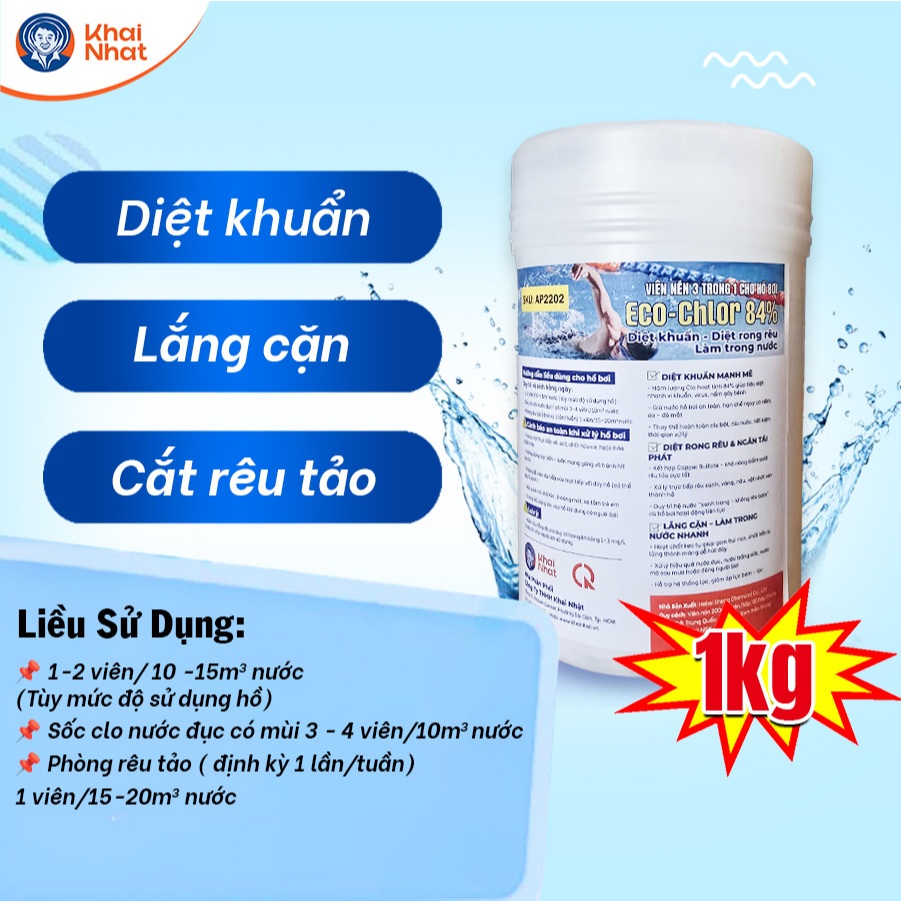 TCCA viên 200g - Eco Chlor- Chlorine 84% Clo bể bơi,diệt rêu tảo,trợ lắng,làm trong nước (5 viên/hũ)