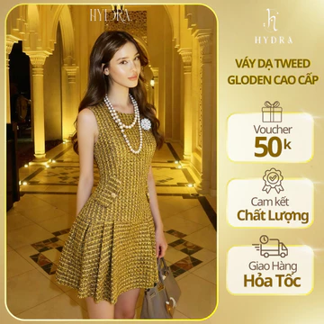 Váy Dạ Tweed Vàng Sang Trọng HYDRA, Kèm Hoa Cài, Vải Dạ Tweed Cao Cấp, Đầm Dáng A-Line, Dự Tiệc Thanh Lịch