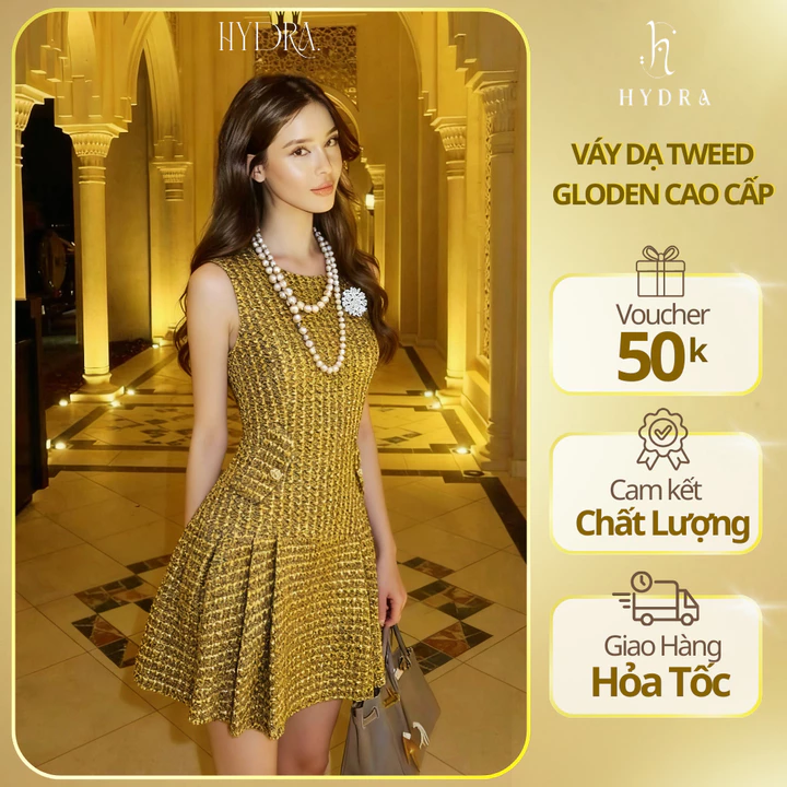 Váy Dạ Tweed Vàng Sang Trọng HYDRA, Kèm Hoa Cài, Vải Dạ Tweed Cao Cấp, Đầm Dáng A-Line, Dự Tiệc Thanh Lịch
