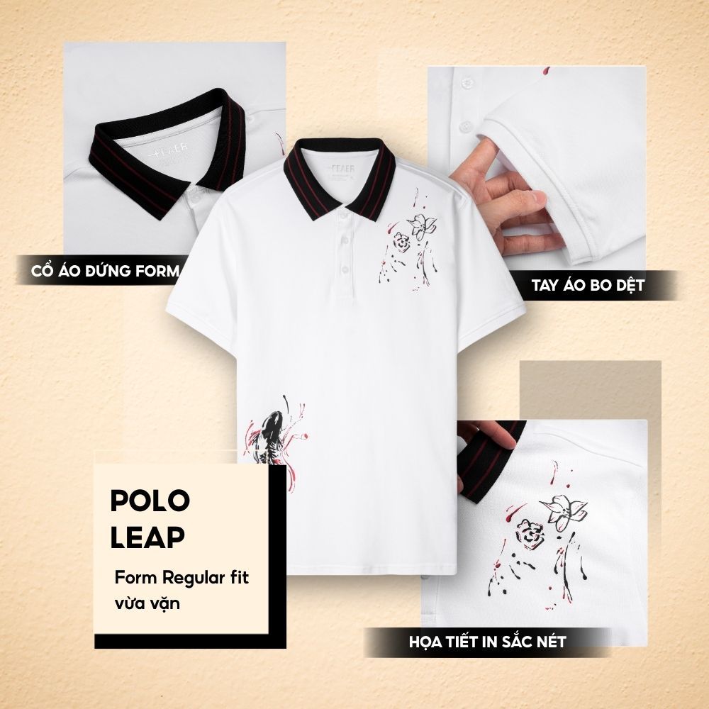 Áo polo LEAP họa tiết in cá chép và hoa nghệ thuật, vải Cotton Micro thấm hút, dày dặn đứng form, thanh lịch - FEAER