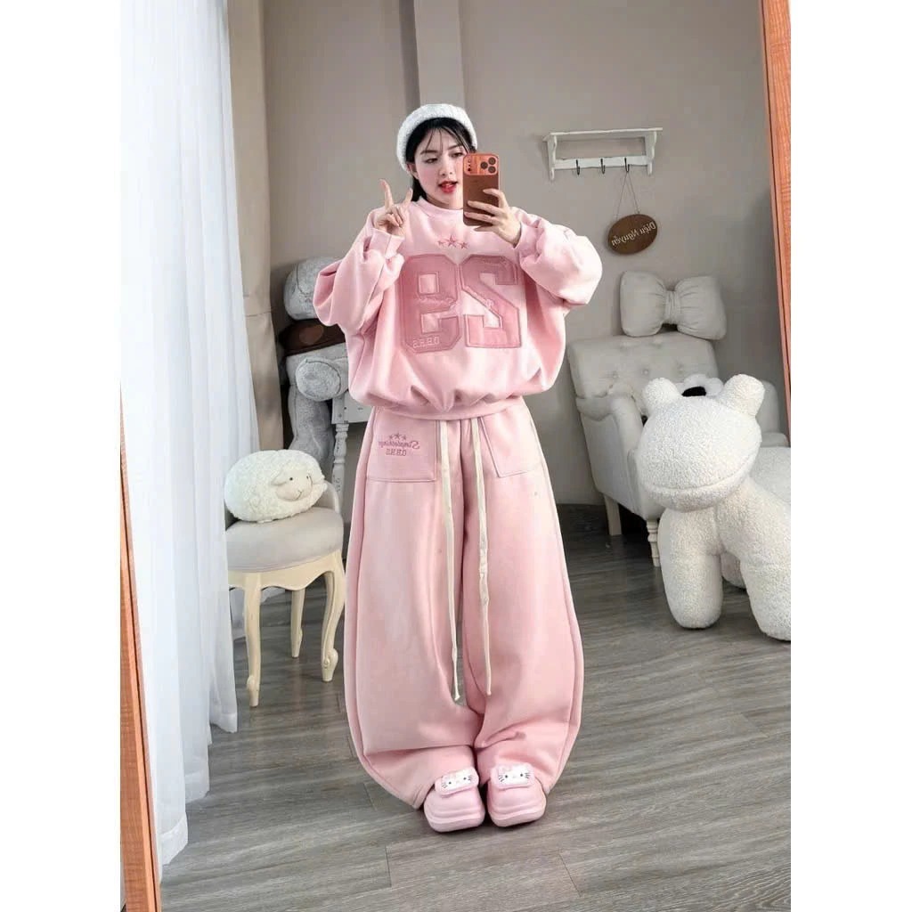 Sét Bộ Nữ Nỉ Tàu Xinh Basic Đáng Yêu Thêu Nổi Số 29 From rộng unisex hottrend 2026