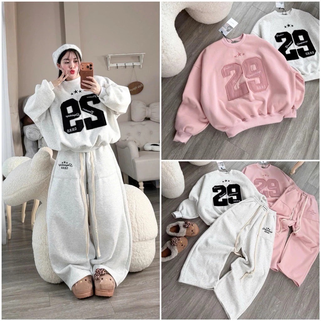 Sét Bộ Nữ Nỉ Tàu Xinh Basic Đáng Yêu Thêu Nổi Số 29 From rộng unisex hottrend 2026