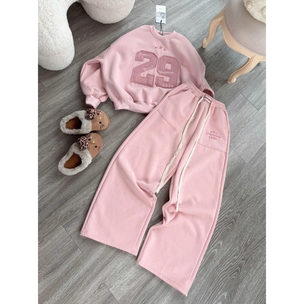 Sét Bộ Nữ Basic From rộng xinh xắn Thêu Nối 29 Mix Quần Dài ống rộng Chất nỉ tàu Dày dặn hottrend 2026