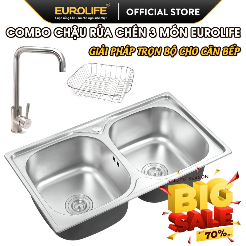 Gía shock. Combo chậu rửa chén bát 2 hố Eurolife, Inox cao cấp, trọn bộ 3 món đầy đủ cho nhà bếp (COMBO C8+T001+R8) — ảnh 1