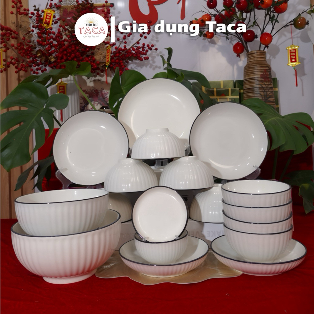 Bộ bát đĩa gốm sứ cao cấp trắng viền đen, bộ bát đĩa cao cấp, bộ chén đĩa gia đình