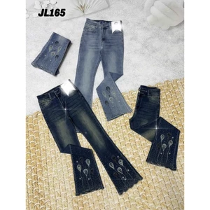 98-100cm Quần Jeans Nữ, Quần Bò Nữ Lưng Cao Ống Loe Dài Thêu Đính Đá Kiểu Gợn SÓng Lai Thời Trang