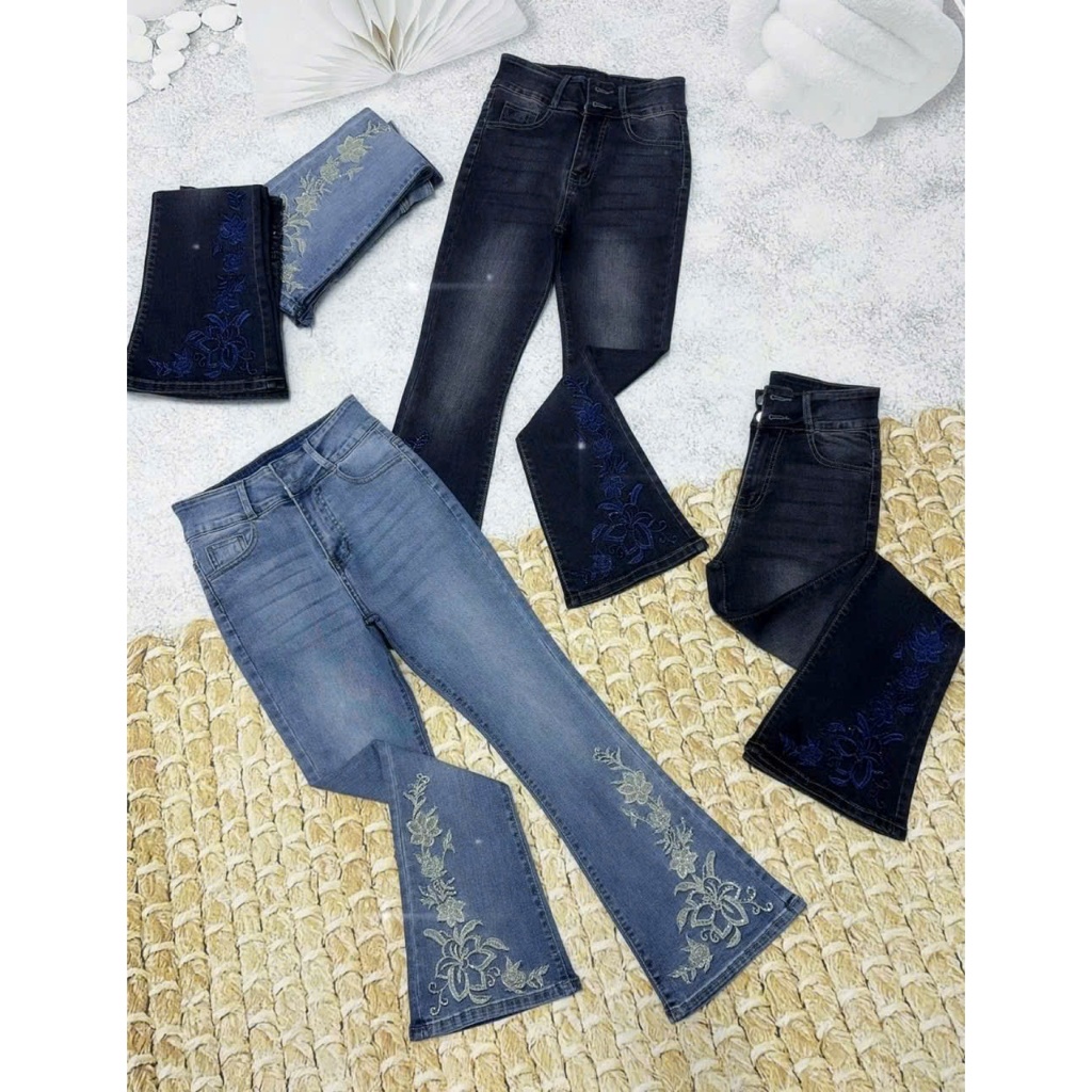 93-95cm Quần jeans Nữ, Quần Bò nữ Ống Loe 9 Tấc thêu hoa đính đá lưng cao co giãn