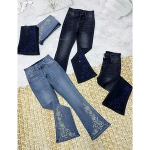93-95cm Quần jeans Nữ, Quần Bò nữ Ống Loe 9 Tấc thêu hoa đính đá lưng cao co giãn