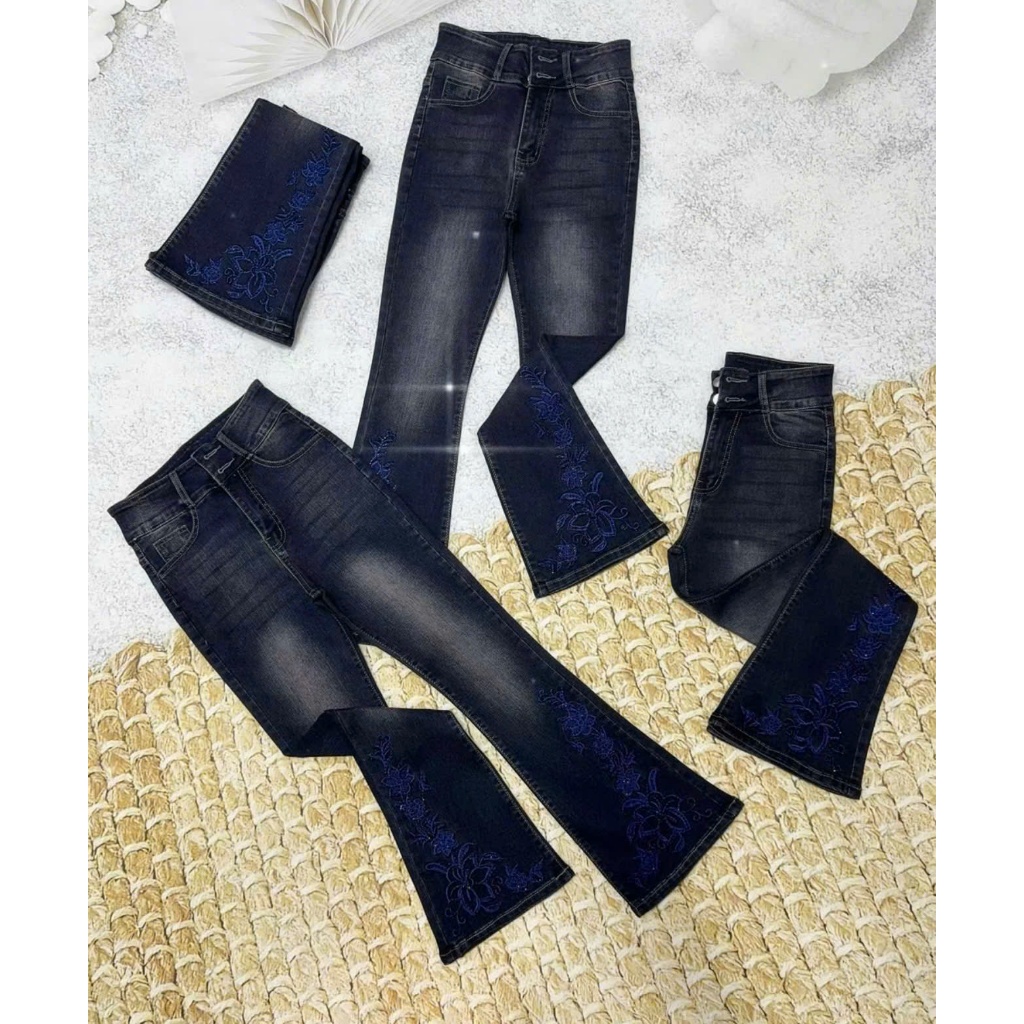 93-95cm Quần jeans Nữ, Quần Bò nữ Ống Loe 9 Tấc thêu hoa đính đá lưng cao co giãn