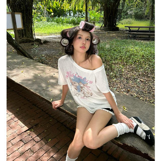 Áo thun nữ MONÁ áo form rộng trễ vai hoạ tiết chấm bi in thỏ - LOVELY TOP