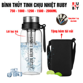 Bình nước thủy tinh Nhật Bản TAKASHI 750,1000,1200,1500,2000ml có lõi lọc bã trà, tặng kèm túi vải