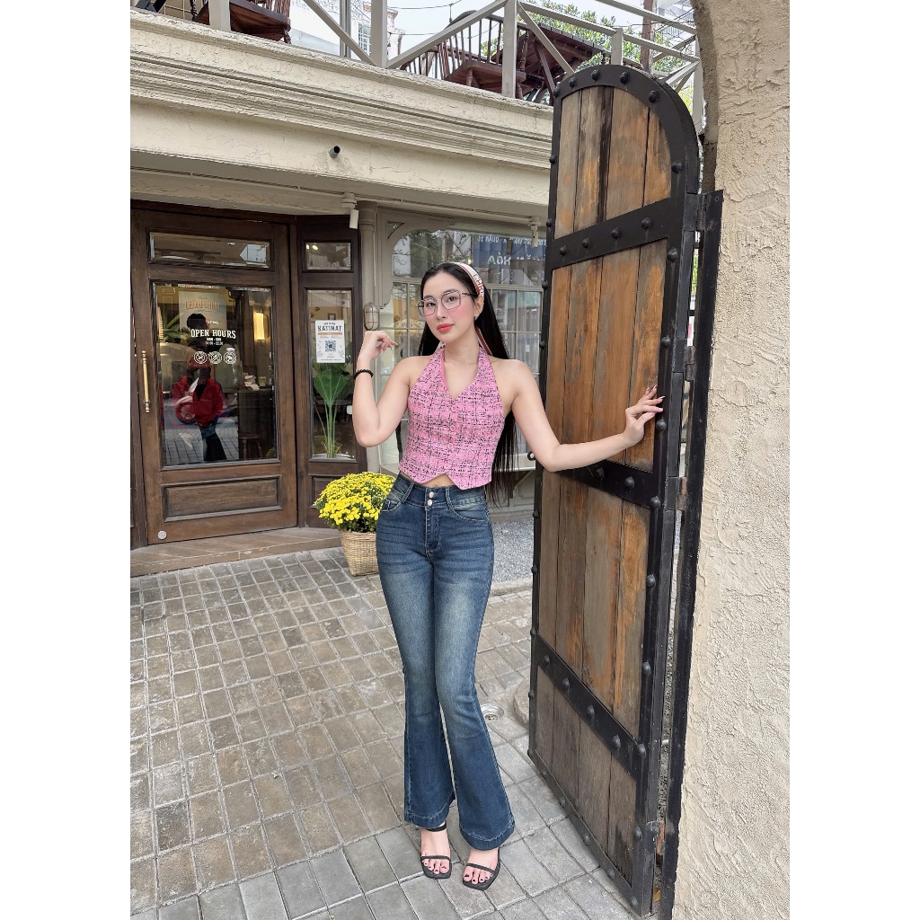 97-99cm Quần Jeans Nữ Ống Loe Dài Lưng Co Giãn 4 Chiều