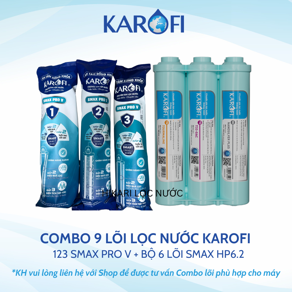 Bộ 10 Lõi Lọc Nước Karofi Dùng 123 Smax Pro V, RO Mỹ, HP 6.2 Dùng Model KAQ-U98, KAD-L56, KAD-X56, KAD-M59