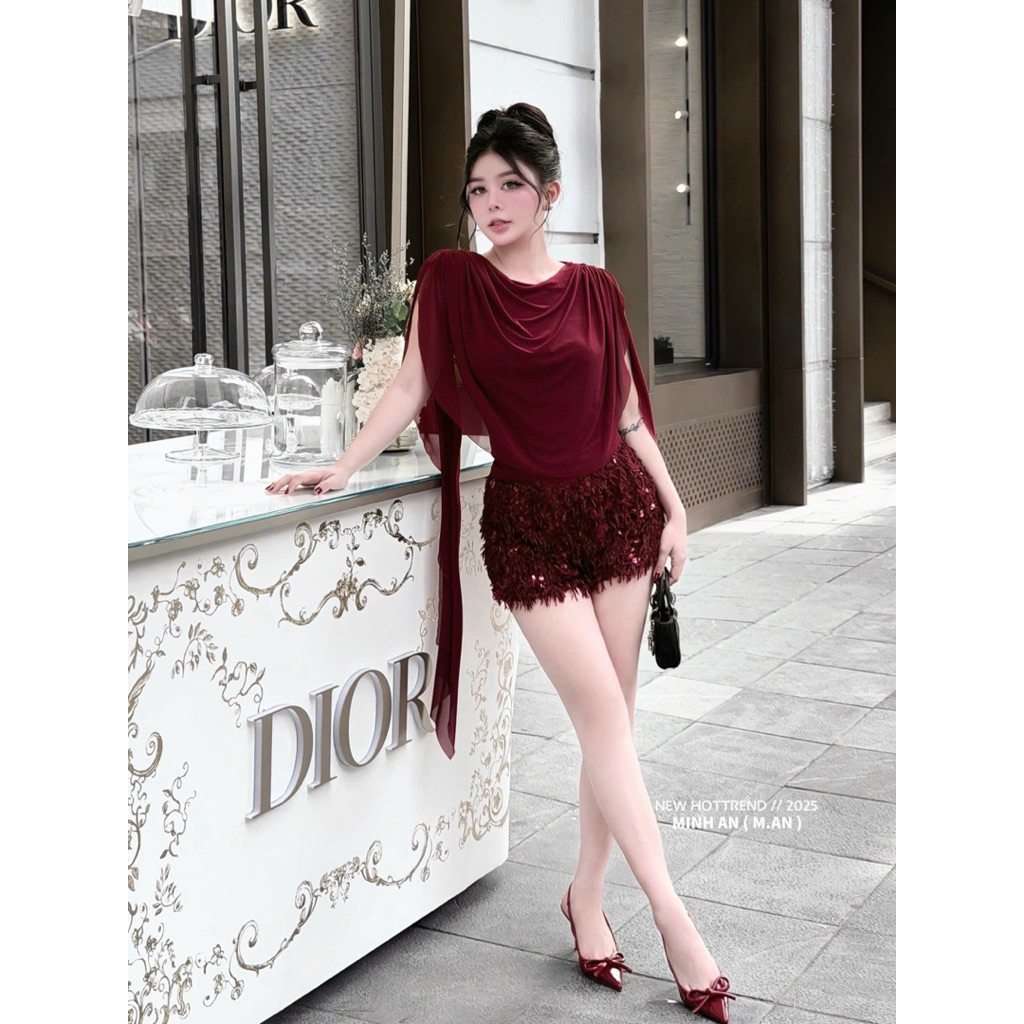 Set áo cổ đổ mix quần sooc lông kim sa siu sang