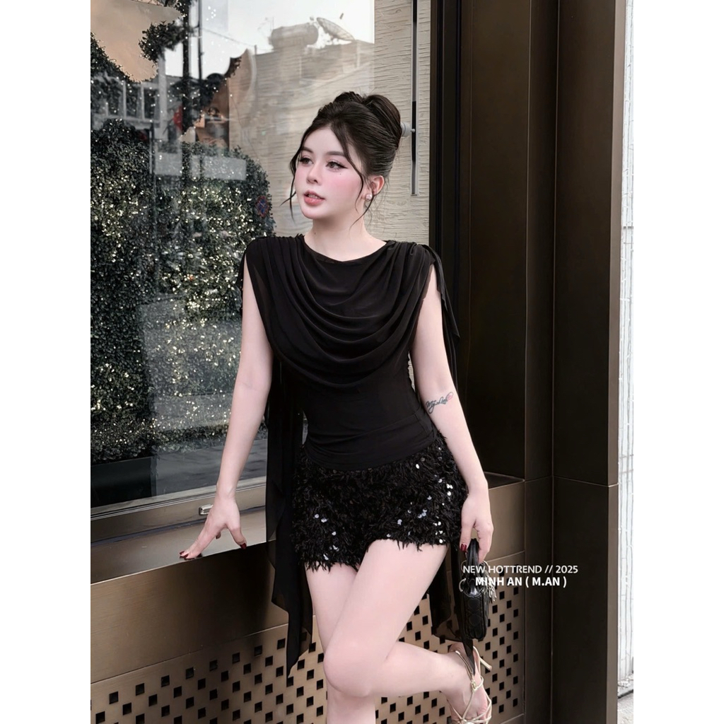 Set áo cổ đổ mix quần sooc lông kim sa siu sang