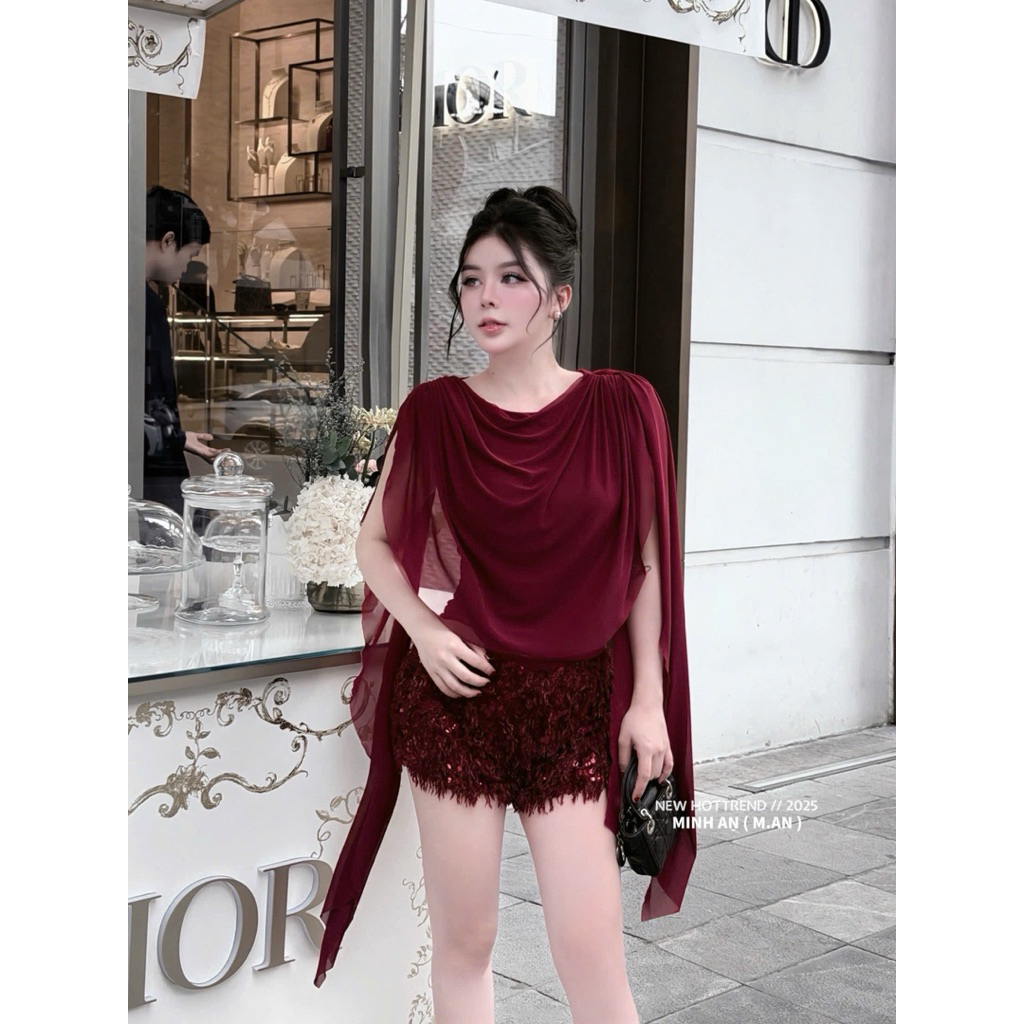 Set áo cổ đổ mix quần sooc lông kim sa siu sang