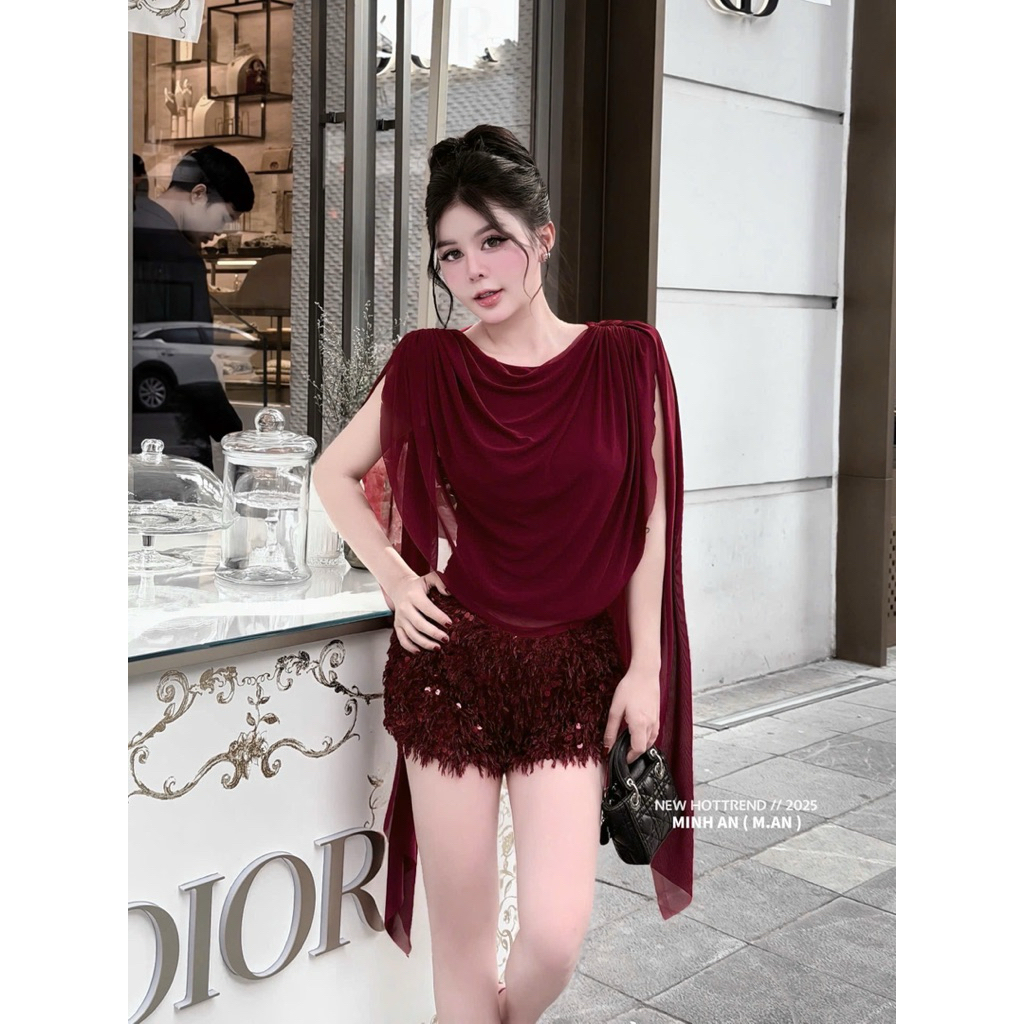Set áo cổ đổ mix quần sooc lông kim sa siu sang