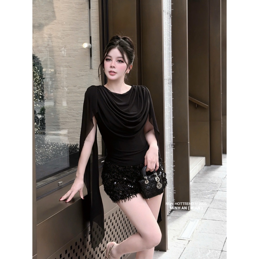 Set áo cổ đổ mix quần sooc lông kim sa siu sang