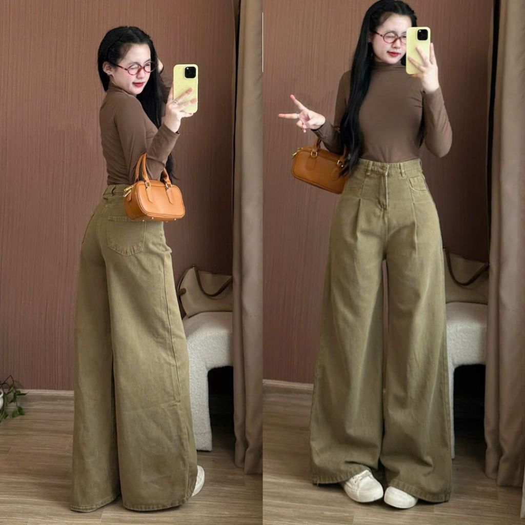 Quần jeans nữ trơn Joolate ống suông rộng xếp ly che khuyết điểm chất denim mền cao cấp