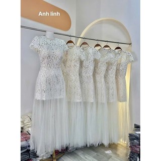 Đầm thời trang Nữ dự tiệc sang trọng chất ren tay ngắn cổ tròn đơn giản cuốn hút váy dài dáng xòe phủ lưới hiện đại