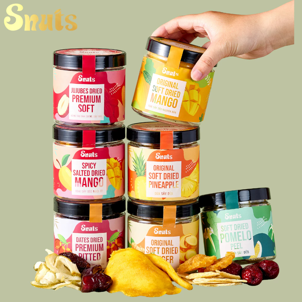 Trái Cây Sấy Dẻo SNUTS - Táo đỏ, Gừng, Dứa, Vỏ bưởi, Xoài, Chà Là, Mứt Trái Cây Healthy