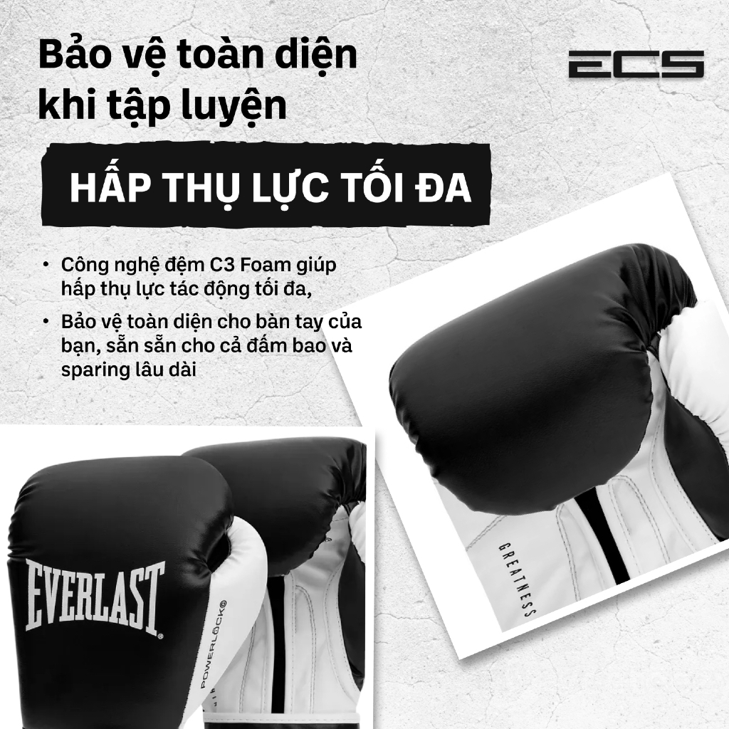 Găng tay boxing Everlast Powerlock OG, Đệm C3 giảm chấn, Khóa dán cổ điển, Form ôm tay dễ chịu