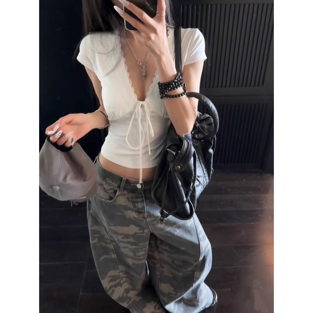 (Sẵn size S đen, trắng)Áo thun nữ tay ngắn phối ren buộc dây, dáng crop ôm body, phong cách gợi cảmm as
