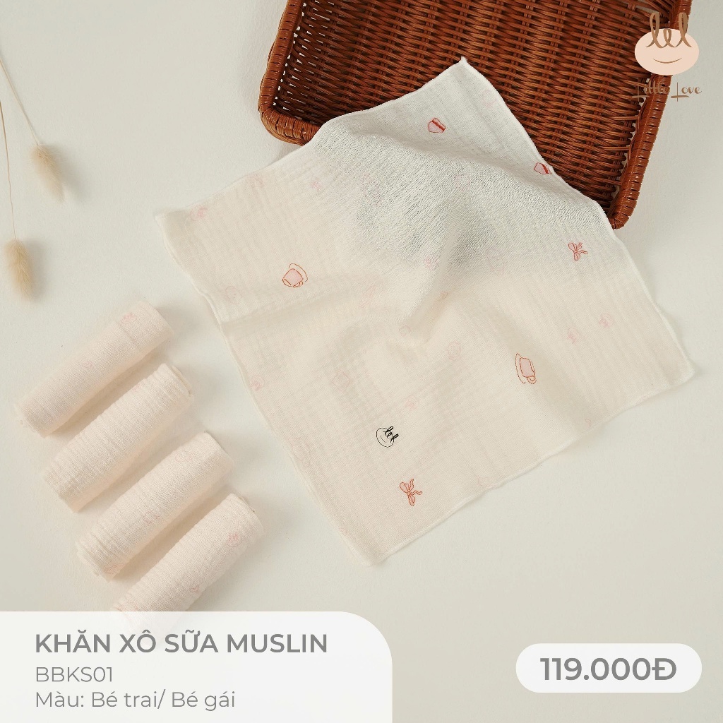 Sét 5 chiếc khăn xô sữa muslin siêu thấm hút [ Mềm, không có rút sợi] dành cho bé Lil little love (BBKS01)