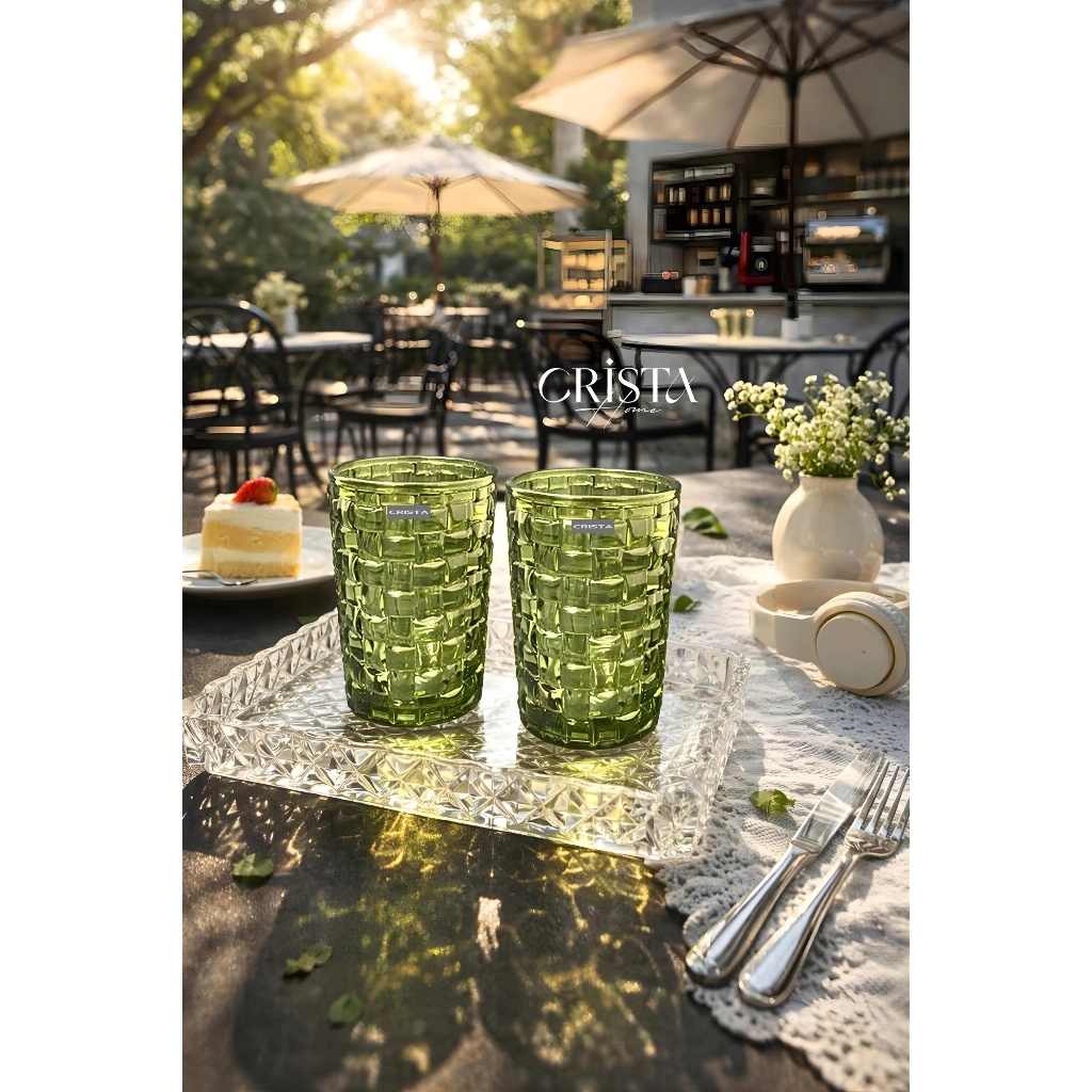 Bộ 6 Cốc Thủy Tinh Vân Caro Xanh Olive Crista Home 350ml Cao Cấp