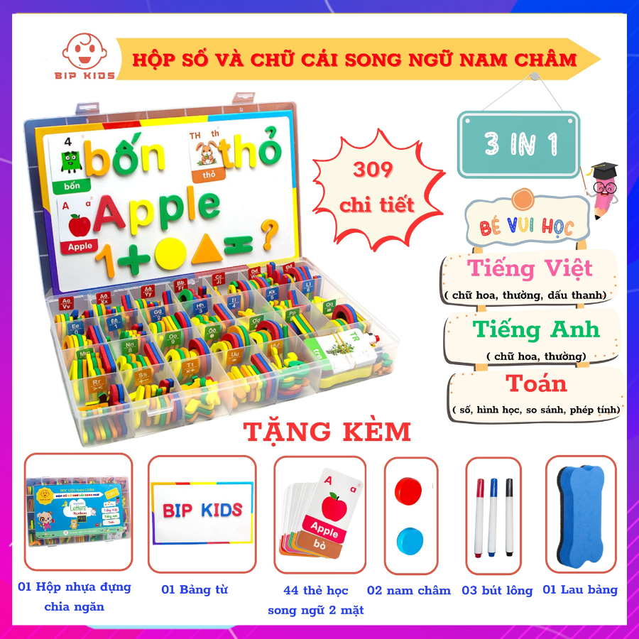 (BẢN CAO CẤP 309 chi tiết - 3 in 1) Bảng số và chữ cái nam châm song ngữ Việt - Anh, Tặng kèm bảng từ, thẻ học, bút, ...