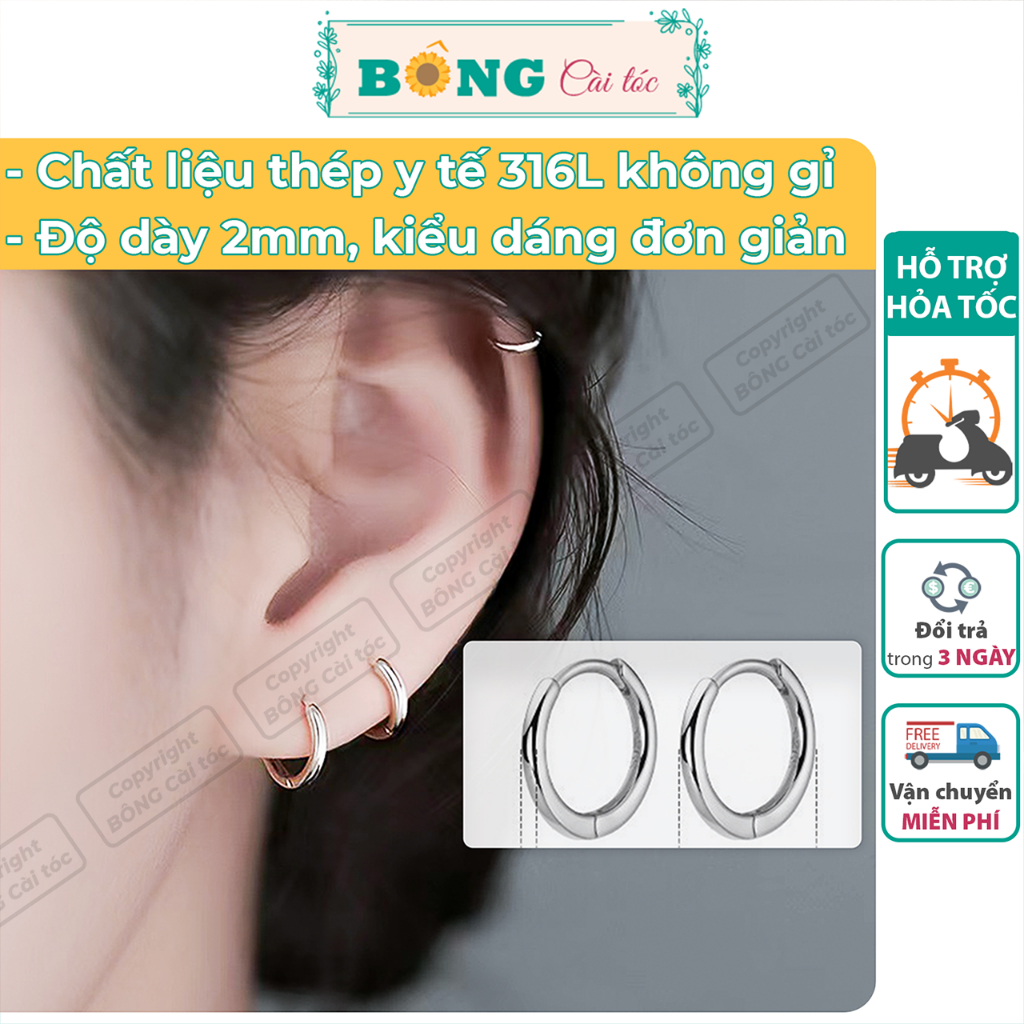 Bông tai tròn thép không gỉ 316L unisex, hoops, nhiều kích thước phong cách Hàn Quốc BT80 - khuyên tai BÔNG Cài Tóc