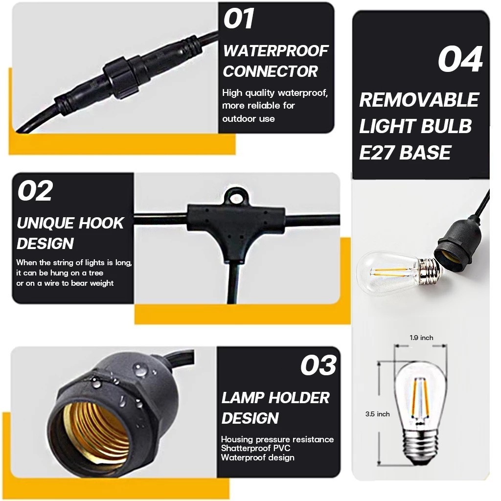 Đèn S14 Ngoài Trời 10M/15M Chống Nước IP65, Dây Đèn LED Trang Trí Sân Vườn, Tiệc, Ban Công, Cafe