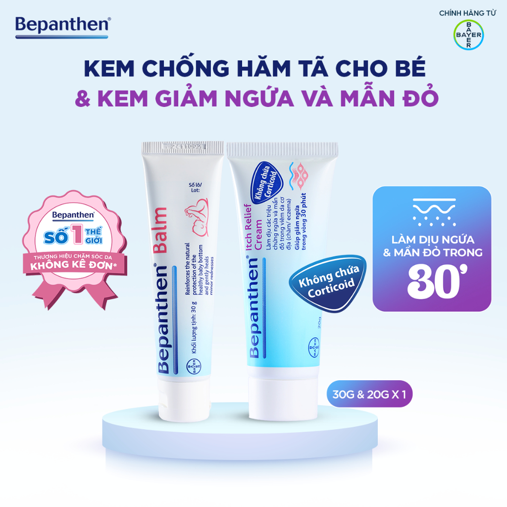 Combo Kem Chống Hăm BEPANTHEN Balm Dạng Kem Mỡ Tuýp 30G và Kem Giảm Ngứa BEPANTHEN Itch Relief Cream 20G Giảm Ngứa