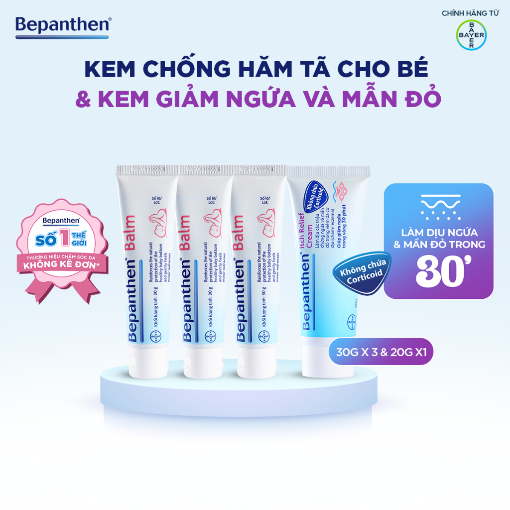 Combo 3 Kem Chống Hăm BEPANTHEN Balm Dạng Kem Mỡ Tuýp 30G x3 và Kem Giảm Ngứa BEPANTHEN Itch Relief Cream 20G Giảm Ngứa