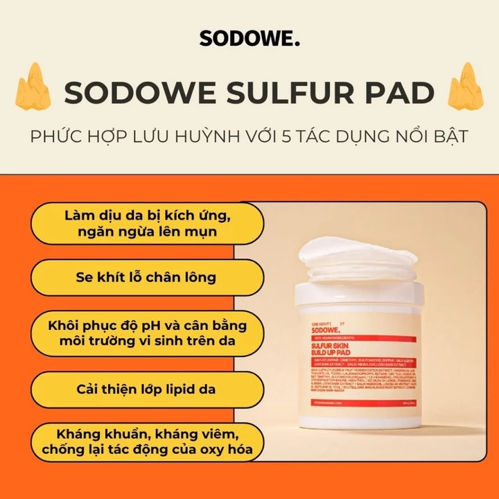SODOWE SULFUR SKIN GLOW TONER PAD-60 Miếng Toner Pad Lưu Huỳnh Sodowe dành cho da mụn