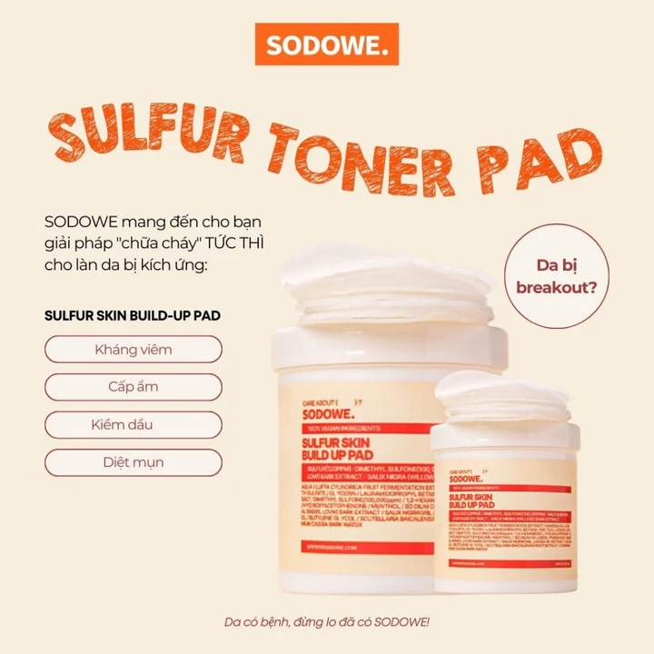 SODOWE SULFUR SKIN GLOW TONER PAD-60 Miếng Toner Pad Lưu Huỳnh Sodowe dành cho da mụn
