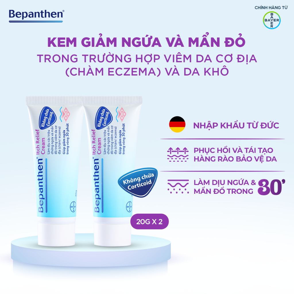 Combo 2 Kem dưỡng bôi hỗ trợ giảm ngứa, mẩn đỏ do da khô, viêm da cơ địa chàm/eczema BEPANTHEN Itch Relief Cream 20g