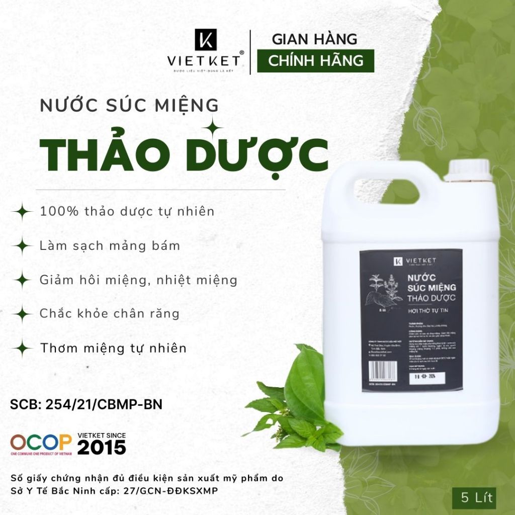 Nước Súc Miệng Thảo Dược VIETKET 5 Lít - Chăm Sóc Bảo Vệ Răng Miệng, Giảm Hôi Miệng, Giảm Nhiệt Miệng, Giúp thơm miệng