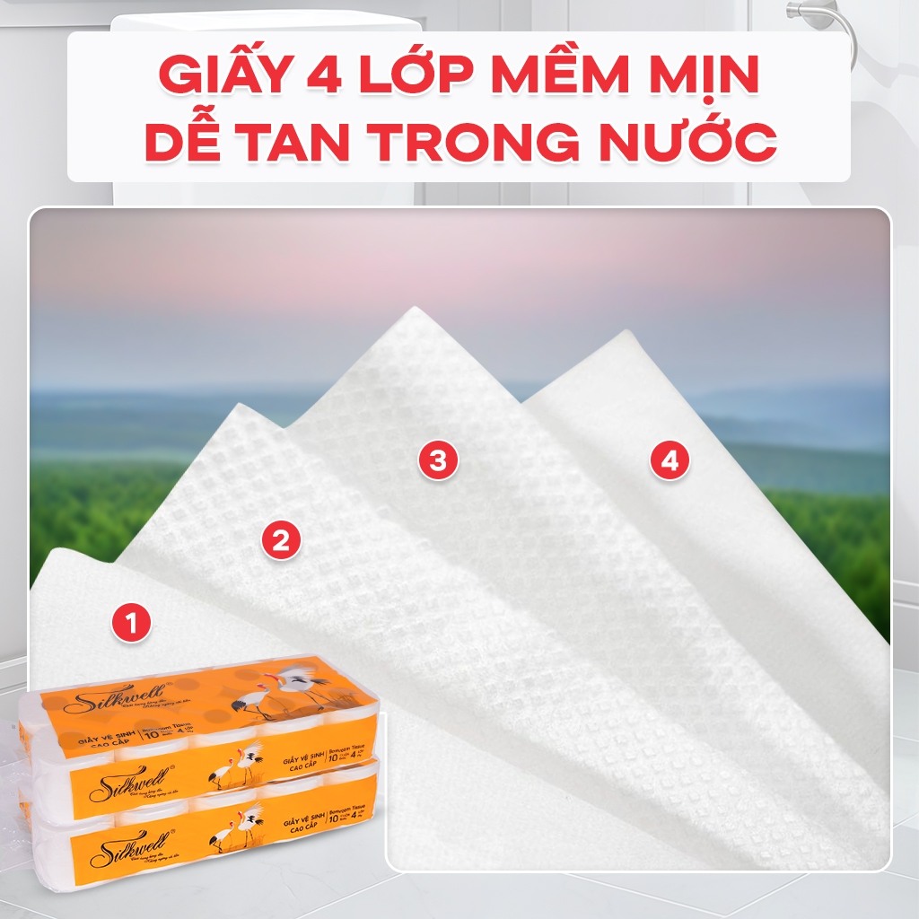 Giấy vệ sinh Silkwell Sếu 10 cuộn 4 lớp dày dặn, giấy vệ sinh cao cấp có khả năng  tự tan trong nước