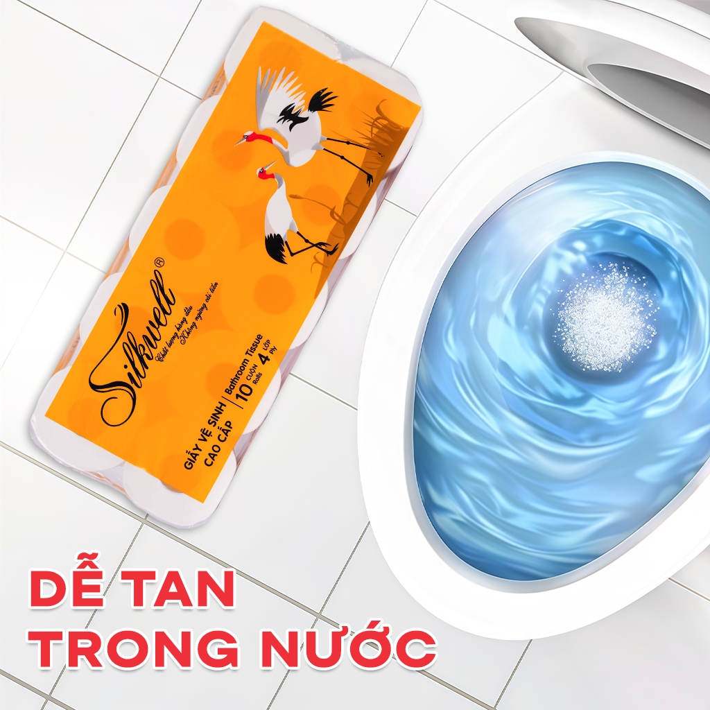 Giấy vệ sinh Silkwell Sếu 10 cuộn 4 lớp dày dặn, giấy vệ sinh cao cấp có khả năng  tự tan trong nước