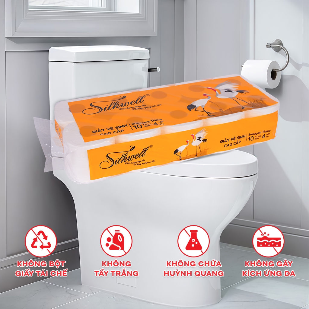 Giấy vệ sinh Silkwell Sếu 10 cuộn 4 lớp dày dặn, giấy vệ sinh cao cấp có khả năng  tự tan trong nước